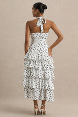 Violet | White Polka Dot Midi Dress With Halter-Neck and Ruffled Skirt