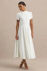 Vicky | White High Neck Midi Dress With Puff Sleeves