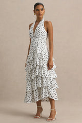 Violet | White Polka Dot Midi Dress With Halter-Neck and Ruffled Skirt