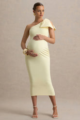 Adorn | Lemon Asymmetric Maternity Midi Dress With Shoulder Bow Detail