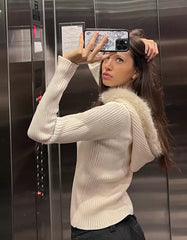 Knitted Zip-Up Jacket with Faux Fur Hood