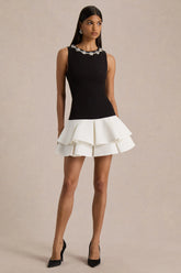 Nalani | Black And White Crew-Neck Mini Dress With Embellishment And Ruffled Detailing