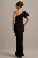 Vittoria | Black Asymmetric Puff-Sleeve Split Maxi Dress