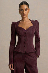 Lana | Burgundy Pinstripe Woven Sweetheart-Neck Tailored Top