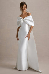 Wanting More | Off White Satin Cape Maxi Dress With Oversized Bow
