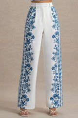 Zelie | Blue Porcelain Print Wide-Leg Trousers