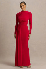 Virelle | Red Boat-Neck Maxi Dress With Drop-Waist