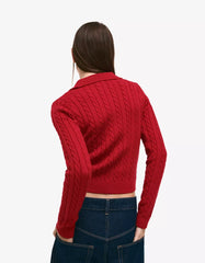 Cable-knit cardigan with a polo collar