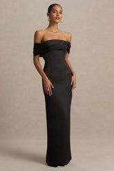 Valeria | Black Satin Twist-Bardot Neck Maxi Dress