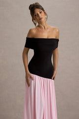 Venezia | Black & Pink Bardot Puff-Skirt Maxi Dress