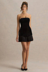 Valentina | Black Bandeau Velvet Mini Dress With Pleated Detailing