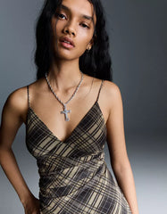 Check strappy tulle midi dress