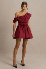 Verona | Burgundy Draped Asymmetric-Neck Skater Mini Dress