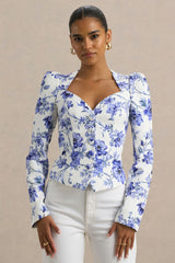 Olympia | Blue Floral Print Sweetheart-Neck Tailored Top