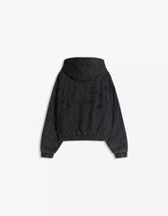 Denim bomber jacket with hood and studs