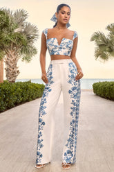 Zelie | Blue Porcelain Print Wide-Leg Trousers