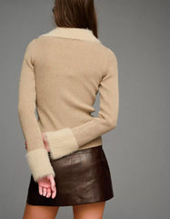 Zip-up cardigan with faux fur collar