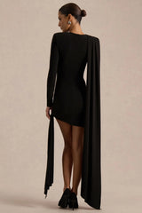 Zora | Black Crew-Neck Mini Dress With Knot And Sash Detail