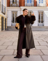 Contrast leather effect coat with faux fur