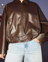 Belted leather effect bomber jacket