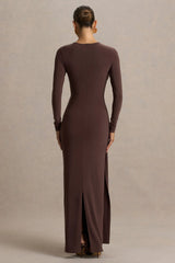 Virelle | Brown Boat-Neck Maxi Dress With Wrap Detail And Sash