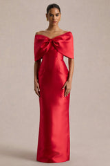 Wanting More | Red Satin Cape Maxi Dress With Oversized Bow