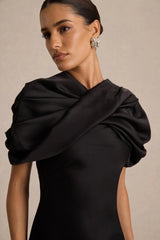 Yoli | Black Satin Maxi Dress With Twist-Cape