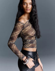 Long sleeve check tulle T-shirt