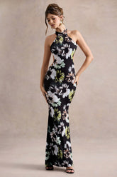 Tuscany | Black Floral Print Halter-Neck Split Maxi Dress