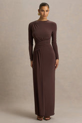 Virelle | Brown Boat-Neck Maxi Dress With Wrap Detail And Sash