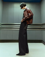 Low-rise straight-leg pants with rhinestones