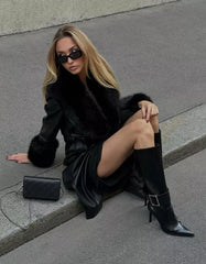 Contrast leather effect coat with faux fur