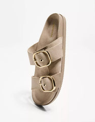 Flat slider sandals with buckles