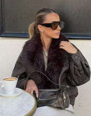 Leather effect jacket with faux fur collar