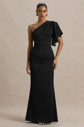 Unforgettable | Black Asymmetric-Neck Maxi Dress With Ruched Detailing
