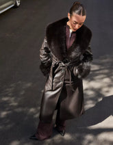 Contrast leather effect coat with faux fur