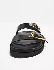 Flat slider sandals with buckles