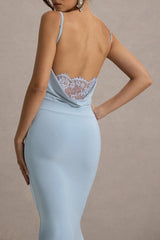 Addison | Powder Blue Cowl-Neck Open-Back Midi Dress With Lace