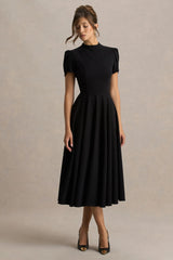 Vicky | Black High Neck Midi Dress With Puff Sleeves