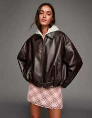 Belted leather effect bomber jacket