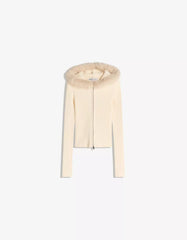 Knitted Zip-Up Jacket with Faux Fur Hood