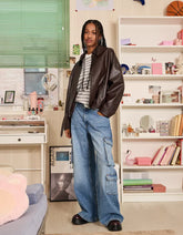 Belted leather effect bomber jacket