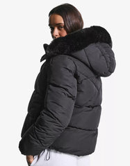 Water-repellent hooded puffer jacket with faux fur