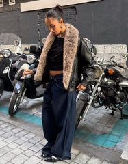 Leather effect jacket with faux fur collar