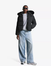 Water-repellent hooded puffer jacket with faux fur