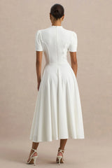 Vicky | White High Neck Midi Dress With Puff Sleeves