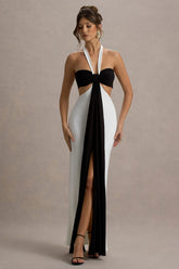 Acentis | Black & White Halter-Neck Cut-Out Maxi Dress