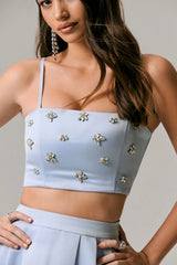 Vienna | Blue Embellished Satin Crop Top