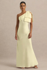 Valerie | Lemon Satin Asymmetric-Neck Maxi Dress With Bow Detail