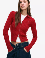 Cable-knit cardigan with a polo collar